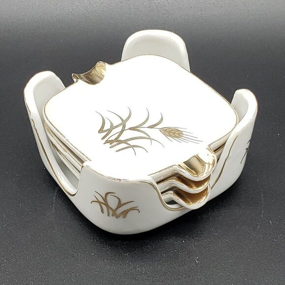 Lefton White Gold Wheat Design Vintage Personal Porcelain Ashtrays with Holder - Picture 4 of 11
